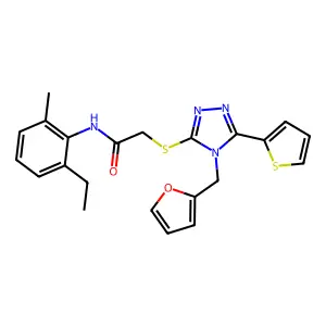 N-(2-ethyl-6-methylphenyl)-2-{[4-(furan-2-ylmethyl)-5-(thiophen-2-yl)-4H-1,2,4-triazol-3-yl]sulfanyl}acetamide structure