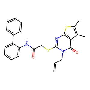 2-(5,6-dimethyl-4-oxo-3-prop-2-enyl(3-hydrothiopheno[2,3-d]pyrimidin-2-ylthio))-N-(2-phenylphenyl)acetamide structure