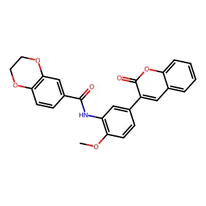 N-[2-methoxy-5-(2-oxo-2H-chromen-3-yl)phenyl]-2,3-dihydro-1,4-benzodioxine-6-carboxamide structure