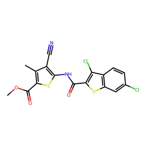 methyl 4-cyano-5-[(3,6-dichloro-1-benzothiophene-2-carbonyl)amino]-3-methylthiophene-2-carboxylate structure