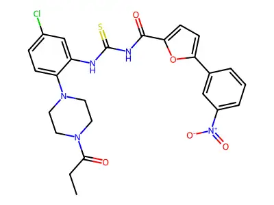 N-[[5-chloro-2-(4-propanoylpiperazin-1-yl)phenyl]carbamothioyl]-5-(3-nitrophenyl)furan-2-carboxamide structure