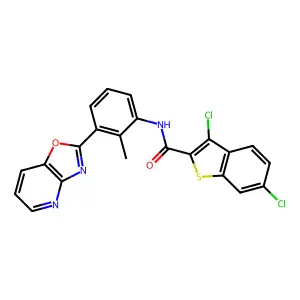 3,6-dichloro-N-[2-methyl-3-([1,3]oxazolo[4,5-b]pyridin-2-yl)phenyl]-1-benzothiophene-2-carboxamide structure
