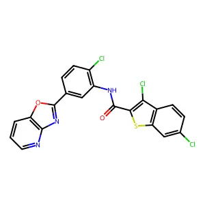3,6-dichloro-N-[2-chloro-5-([1,3]oxazolo[4,5-b]pyridin-2-yl)phenyl]-1-benzothiophene-2-carboxamide structure
