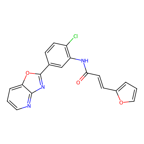 (2E)-N-[2-chloro-5-([1,3]oxazolo[4,5-b]pyridin-2-yl)phenyl]-3-(furan-2-yl)prop-2-enamide structure