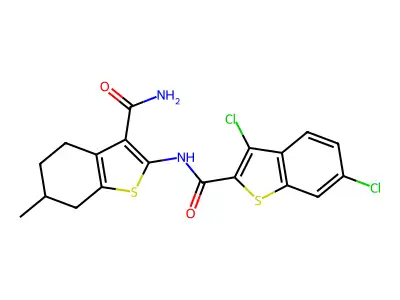 N-(3-carbamoyl-6-methyl-4,5,6,7-tetrahydro-1-benzothiophen-2-yl)-3,6-dichloro-1-benzothiophene-2-carboxamide structure