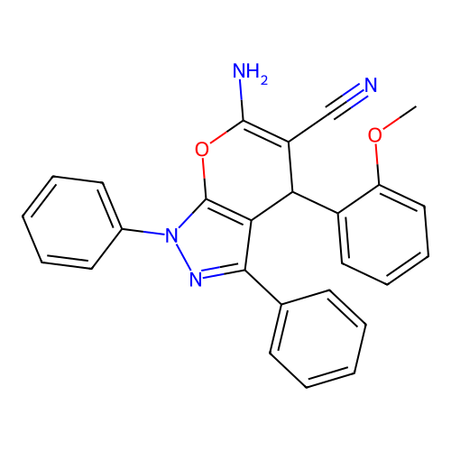 6-amino-4-(2-methoxyphenyl)-1,3-diphenyl-1,4-dihydropyrano[2,3-c]pyrazole-5-carbonitrile structure