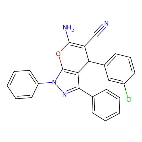 6-amino-4-(3-chlorophenyl)-1,3-diphenyl-1,4-dihydropyrano[2,3-c]pyrazole-5-carbonitrile structure
