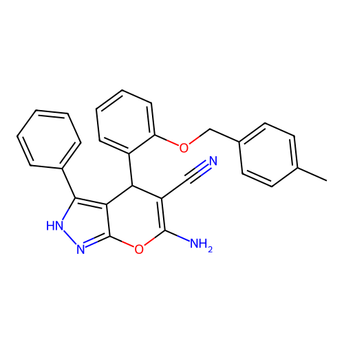 6-amino-4-{2-[(4-methylbenzyl)oxy]phenyl}-3-phenyl-1,4-dihydropyrano[2,3-c]pyrazole-5-carbonitrile structure