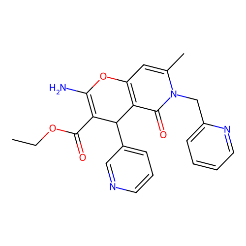 ethyl 2-amino-7-methyl-5-oxo-4-(pyridin-3-yl)-6-(pyridin-2-ylmethyl)-5,6-dihydro-4H-pyrano[3,2-c]pyridine-3-carboxylate structure