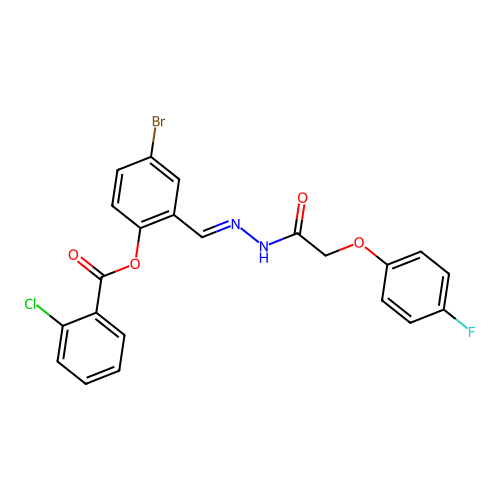 4-Bromo-2-(2-((4-fluorophenoxy)acetyl)carbohydrazonoyl)phenyl 2-chlorobenzoate structure