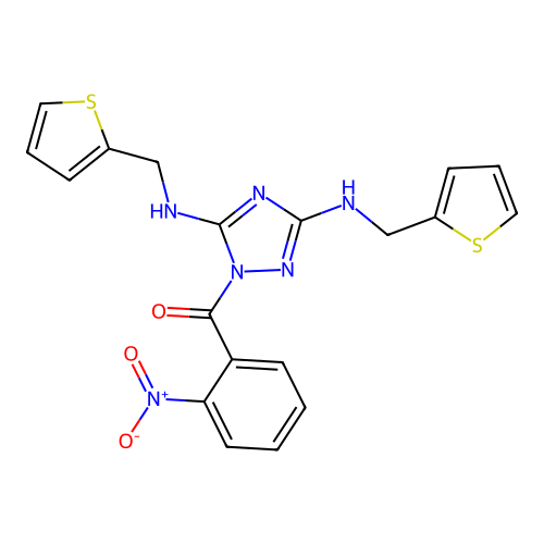 (3,5-bis((thiophen-2-ylmethyl)amino)-1H-1,2,4-triazol-1-yl)(2-nitrophenyl)methanone structure