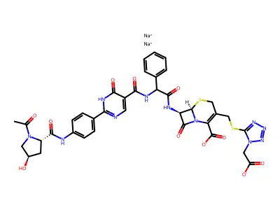 disodium (6R,7R)-7-[[2-[[2-[4-[[(2S,4R)-1-acetyl-4-hydroxypyrrolidine-2-carbonyl]amino]phenyl]-6-oxo-1H-pyrimidine-5-carbonyl]amino]-2-phenylacetyl]amino]-3-[[1-(2-oxido-2-oxoethyl)tetrazol-5-yl]sulfanylmethyl]-8-oxo-5-thia-1-azabicyclo[4.2.0]oct-2-ene-2-carboxylate structure