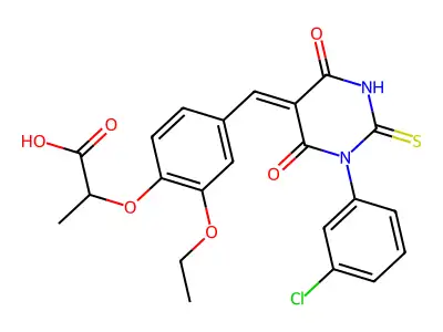 2-(4-{(Z)-[1-(3-chlorophenyl)-4,6-dioxo-2-thioxotetrahydropyrimidin-5(2H)-ylidene]methyl}-2-ethoxyphenoxy)propanoic acid structure
