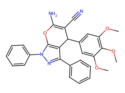 6-amino-1,3-diphenyl-4-(3,4,5-trimethoxyphenyl)-1,4-dihydropyrano[2,3-c]pyrazole-5-carbonitrile structure