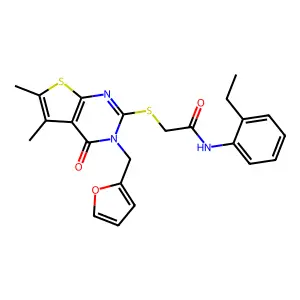 N-(2-ethylphenyl)-2-[3-(2-furylmethyl)-5,6-dimethyl-4-oxo(3-hydrothiopheno[2,3-d]pyrimidin-2-ylthio)]acetamide structure