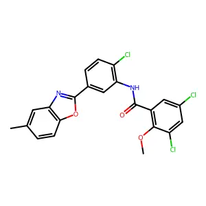 3,5-dichloro-N-[2-chloro-5-(5-methyl-1,3-benzoxazol-2-yl)phenyl]-2-methoxybenzamide structure
