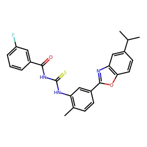 3-fluoro-N-({2-methyl-5-[5-(propan-2-yl)-1,3-benzoxazol-2-yl]phenyl}carbamothioyl)benzamide structure