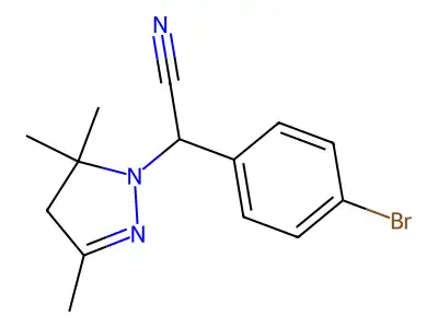 (4-bromophenyl)(3,5,5-trimethyl-4,5-dihydro-1H-pyrazol-1-yl)acetonitrile structure