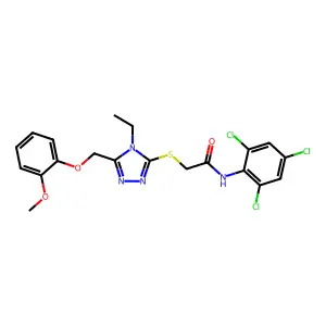 2-({4-ethyl-5-[(2-methoxyphenoxy)methyl]-4H-1,2,4-triazol-3-yl}sulfanyl)-N-(2,4,6-trichlorophenyl)acetamide structure
