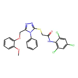 2-({5-[(2-methoxyphenoxy)methyl]-4-phenyl-4H-1,2,4-triazol-3-yl}sulfanyl)-N-(2,4,6-trichlorophenyl)acetamide structure