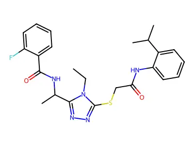 N-(1-{4-ethyl-5-[(2-oxo-2-{[2-(propan-2-yl)phenyl]amino}ethyl)sulfanyl]-4H-1,2,4-triazol-3-yl}ethyl)-2-fluorobenzamide structure