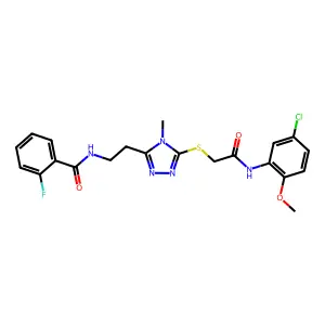 N-[2-[5-[2-(5-chloro-2-methoxyanilino)-2-oxoethyl]sulfanyl-4-methyl-1,2,4-triazol-3-yl]ethyl]-2-fluorobenzamide structure