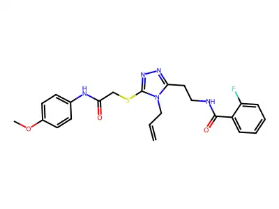 2-fluoro-N-[2-[5-[2-(4-methoxyanilino)-2-oxoethyl]sulfanyl-4-prop-2-enyl-1,2,4-triazol-3-yl]ethyl]benzamide structure