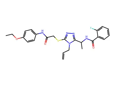 N-[1-[5-[2-(4-ethoxyanilino)-2-oxoethyl]sulfanyl-4-prop-2-enyl-1,2,4-triazol-3-yl]ethyl]-2-fluorobenzamide structure