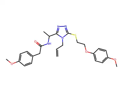 N-{1-[5-{[2-(4-methoxyphenoxy)ethyl]sulfanyl}-4-(prop-2-en-1-yl)-4H-1,2,4-triazol-3-yl]ethyl}-2-(4-methoxyphenyl)acetamide structure