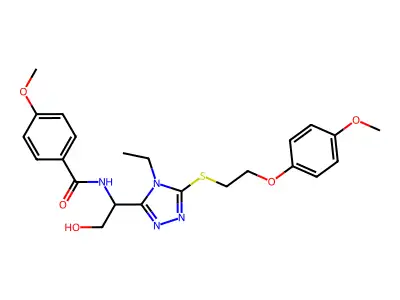 N-[1-(4-ethyl-5-{[2-(4-methoxyphenoxy)ethyl]sulfanyl}-4H-1,2,4-triazol-3-yl)-2-hydroxyethyl]-4-methoxybenzamide structure