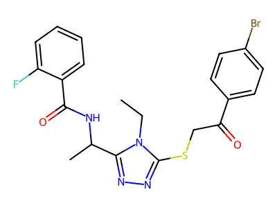 N-[1-(5-{[2-(4-bromophenyl)-2-oxoethyl]sulfanyl}-4-ethyl-4H-1,2,4-triazol-3-yl)ethyl]-2-fluorobenzamide structure