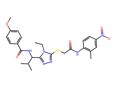 N-{1-[4-ethyl-5-({2-[(2-methyl-4-nitrophenyl)amino]-2-oxoethyl}sulfanyl)-4H-1,2,4-triazol-3-yl]-2-methylpropyl}-4-methoxybenzamide structure