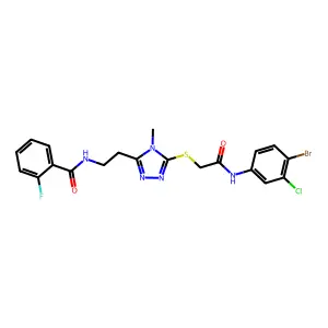 N-[2-[5-[2-(4-bromo-3-chloroanilino)-2-oxoethyl]sulfanyl-4-methyl-1,2,4-triazol-3-yl]ethyl]-2-fluorobenzamide structure