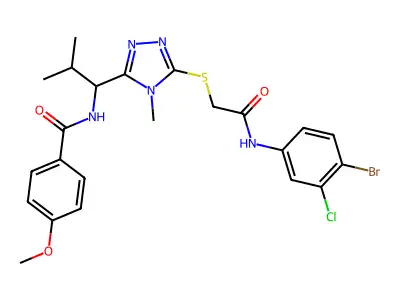 N-[1-[5-[2-(4-bromo-3-chloroanilino)-2-oxoethyl]sulfanyl-4-methyl-1,2,4-triazol-3-yl]-2-methylpropyl]-4-methoxybenzamide structure