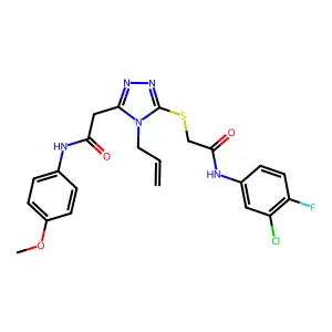 2-[5-({2-[(3-chloro-4-fluorophenyl)amino]-2-oxoethyl}sulfanyl)-4-(prop-2-en-1-yl)-4H-1,2,4-triazol-3-yl]-N-(4-methoxyphenyl)acetamide structure