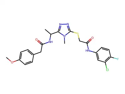 N-{1-[5-({2-[(3-chloro-4-fluorophenyl)amino]-2-oxoethyl}sulfanyl)-4-methyl-4H-1,2,4-triazol-3-yl]ethyl}-2-(4-methoxyphenyl)acetamide structure
