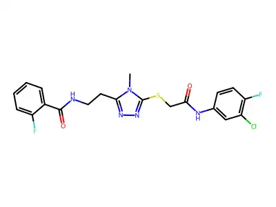 N-[2-[5-[2-(3-chloro-4-fluoroanilino)-2-oxoethyl]sulfanyl-4-methyl-1,2,4-triazol-3-yl]ethyl]-2-fluorobenzamide structure