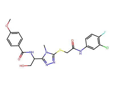 N-[1-[5-[2-(3-chloro-4-fluoroanilino)-2-oxoethyl]sulfanyl-4-methyl-1,2,4-triazol-3-yl]-2-hydroxyethyl]-4-methoxybenzamide structure
