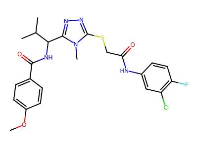 N-{1-[5-({2-[(3-chloro-4-fluorophenyl)amino]-2-oxoethyl}sulfanyl)-4-methyl-4H-1,2,4-triazol-3-yl]-2-methylpropyl}-4-methoxybenzamide structure