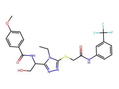N-(1-{4-ethyl-5-[(2-oxo-2-{[3-(trifluoromethyl)phenyl]amino}ethyl)sulfanyl]-4H-1,2,4-triazol-3-yl}-2-hydroxyethyl)-4-methoxybenzamide structure