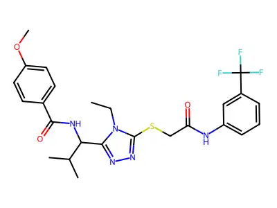 N-(1-{4-ethyl-5-[(2-oxo-2-{[3-(trifluoromethyl)phenyl]amino}ethyl)sulfanyl]-4H-1,2,4-triazol-3-yl}-2-methylpropyl)-4-methoxybenzamide structure