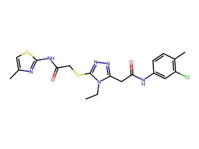 2-[(5-{2-[(3-chloro-4-methylphenyl)amino]-2-oxoethyl}-4-ethyl-4H-1,2,4-triazol-3-yl)sulfanyl]-N-(4-methyl-1,3-thiazol-2-yl)acetamide structure