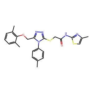 2-({5-[(2,6-dimethylphenoxy)methyl]-4-(4-methylphenyl)-4H-1,2,4-triazol-3-yl}sulfanyl)-N-(4-methyl-1,3-thiazol-2-yl)acetamide structure