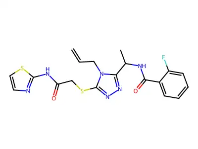 2-fluoro-N-{1-[5-{[2-oxo-2-(1,3-thiazol-2-ylamino)ethyl]sulfanyl}-4-(prop-2-en-1-yl)-4H-1,2,4-triazol-3-yl]ethyl}benzamide structure