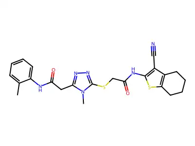 2-[5-({2-[(3-cyano-4,5,6,7-tetrahydro-1-benzothiophen-2-yl)amino]-2-oxoethyl}sulfanyl)-4-methyl-4H-1,2,4-triazol-3-yl]-N-(2-methylphenyl)acetamide structure