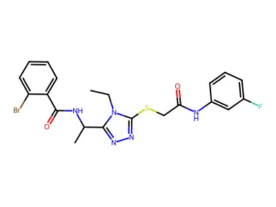 2-bromo-N-{1-[4-ethyl-5-({2-[(3-fluorophenyl)amino]-2-oxoethyl}sulfanyl)-4H-1,2,4-triazol-3-yl]ethyl}benzamide structure