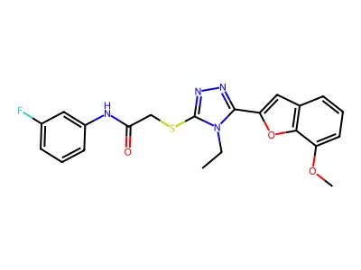 2-[[4-ethyl-5-(7-methoxy-1-benzofuran-2-yl)-1,2,4-triazol-3-yl]sulfanyl]-N-(3-fluorophenyl)acetamide structure