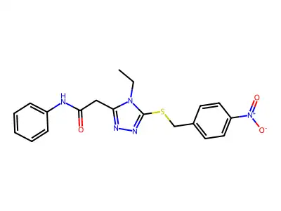 2-[4-ethyl-5-[(4-nitrophenyl)methylsulfanyl]-1,2,4-triazol-3-yl]-N-phenylacetamide structure