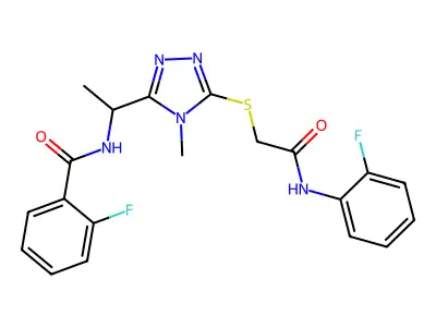 2-fluoro-N-{1-[5-({2-[(2-fluorophenyl)amino]-2-oxoethyl}sulfanyl)-4-methyl-4H-1,2,4-triazol-3-yl]ethyl}benzamide structure
