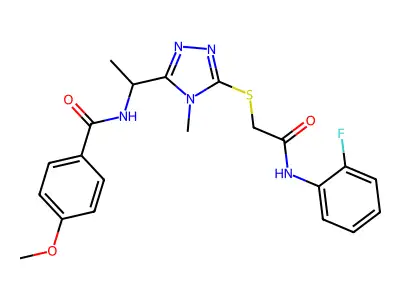 N-{1-[5-({2-[(2-fluorophenyl)amino]-2-oxoethyl}sulfanyl)-4-methyl-4H-1,2,4-triazol-3-yl]ethyl}-4-methoxybenzamide structure